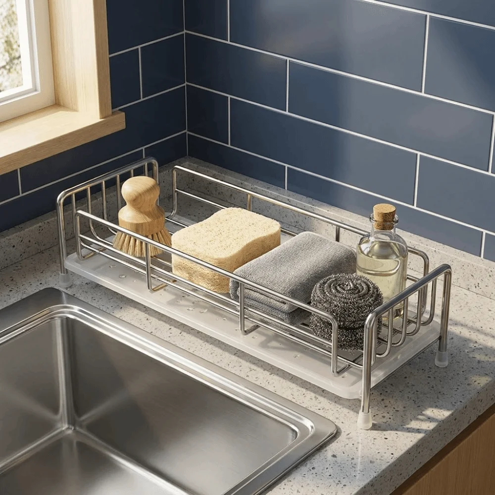 

Stainless Steel Sink Drain Rack Waterproof Large Capacity Sink Sponge Rack with Water Tray Space Saving Soap Sponge Holder