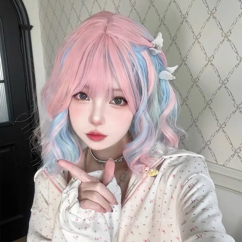 

Ombre Pink Blue Mid - Length Curly Wig with Bangs, Lolita Anime Cosplay Synthetic Wig for Costume Party Daily Wear
