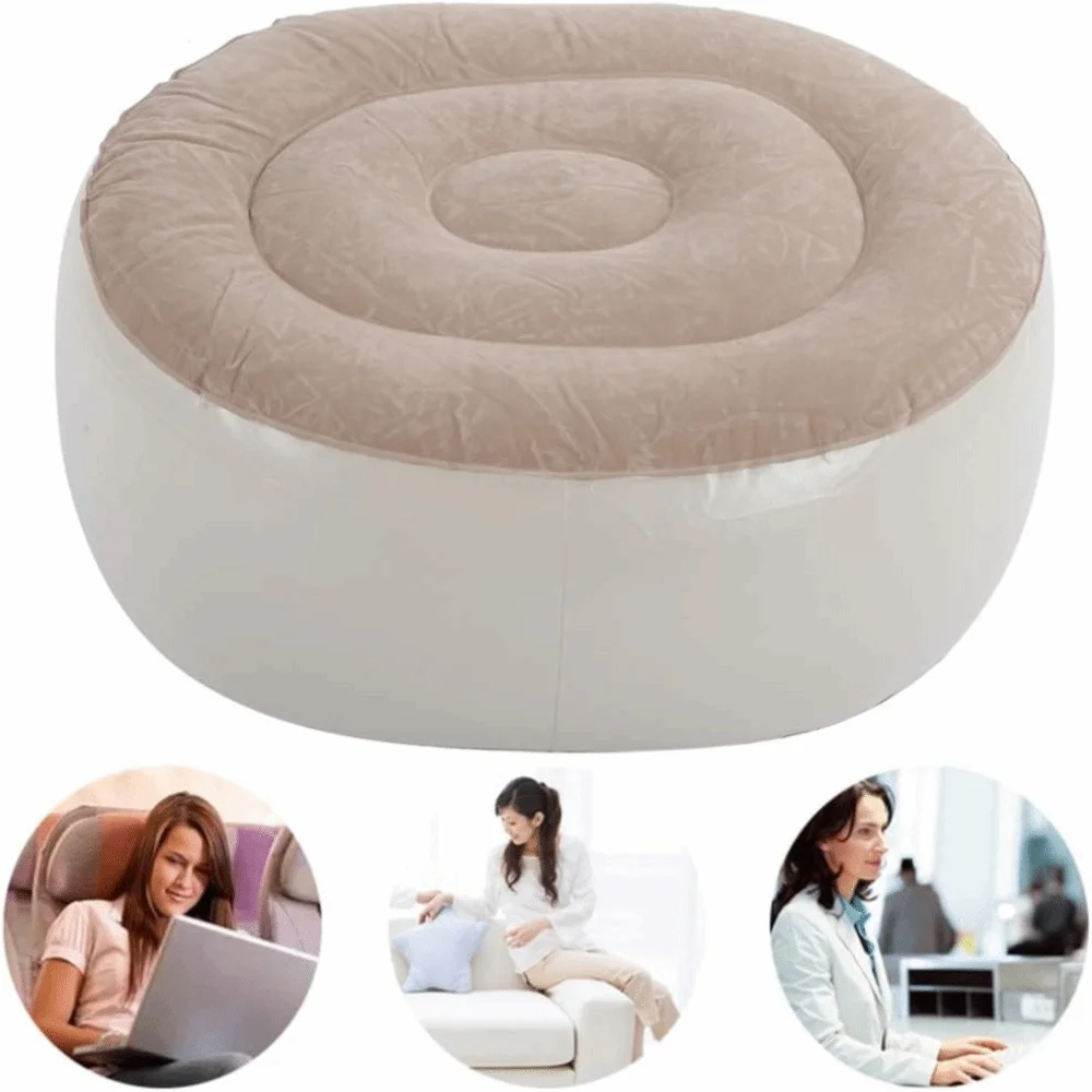 PVC Inflatable Foot Stool Flocking Surface Quick Air Charge Inflatable Ottoman Chair Light Brown Beige Portable Inflatable Seat