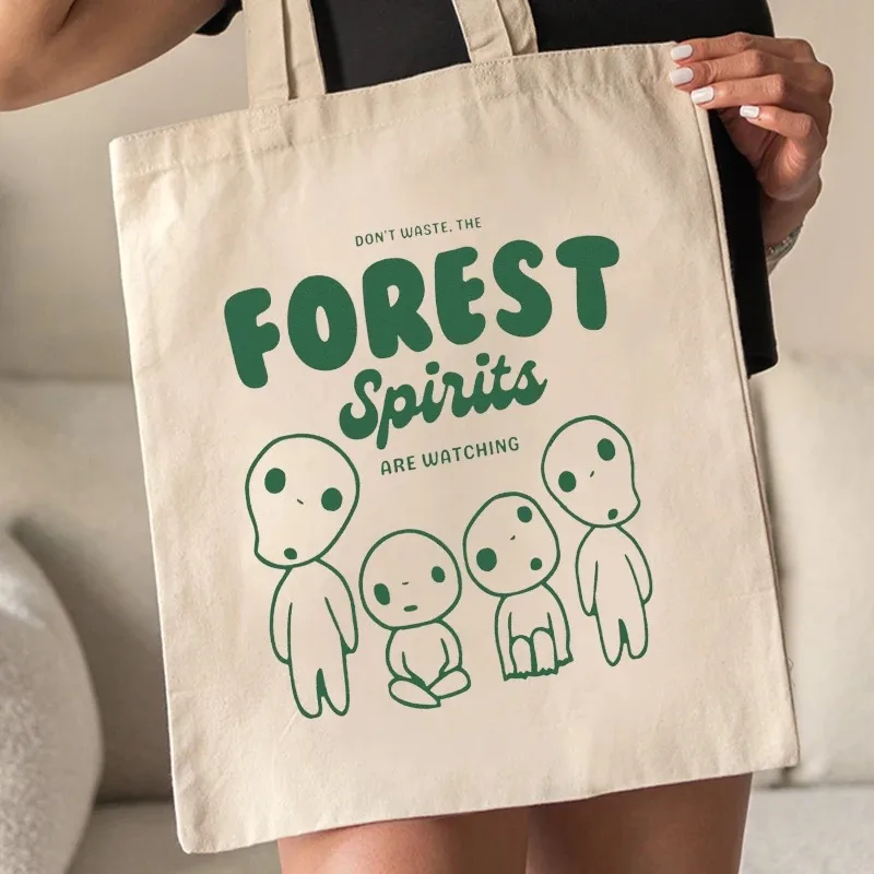 Kawaii Forest Spirits Tote Bag Daily Commute Canvas Shoulder Bags Gift for Pretty Girl Large Capacity Travel Shopping Organizer