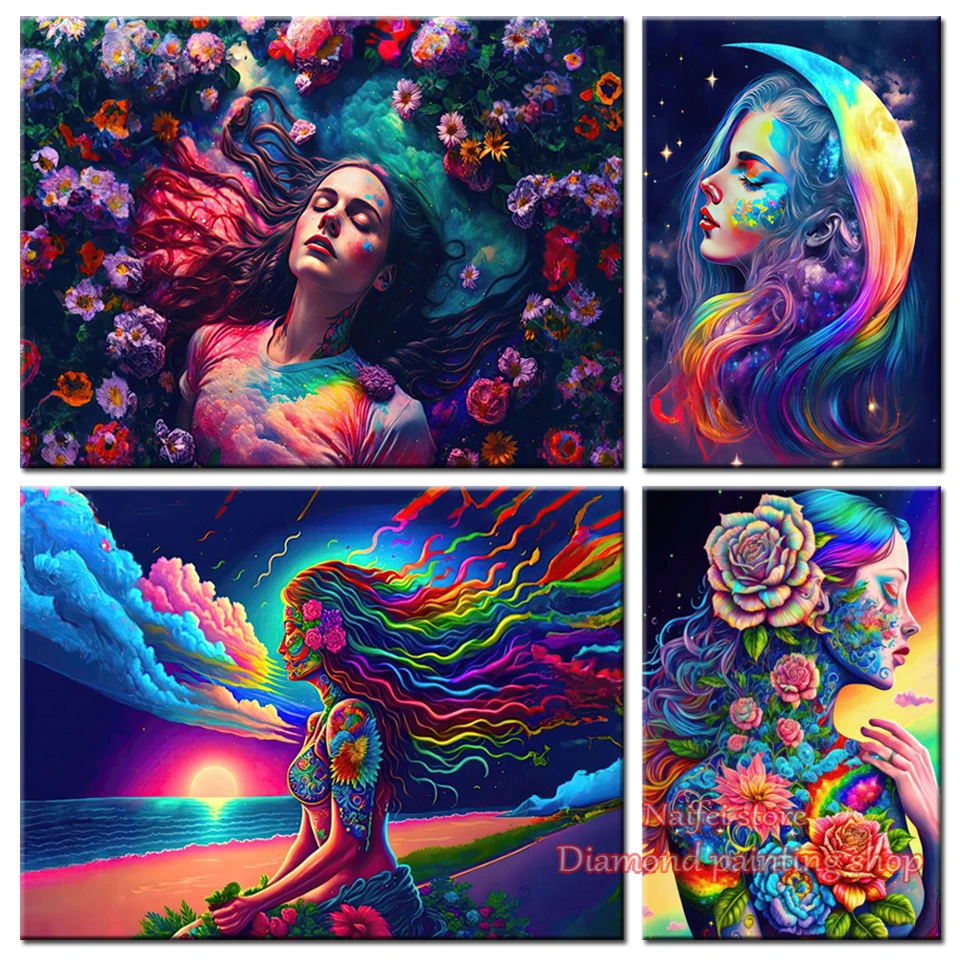 Rainbow Garden Dreamer Woman Full Drill 5D Diy Diamond Painting Indian Meditation Chakra Yoga Embroidery Mosaic Home Decor