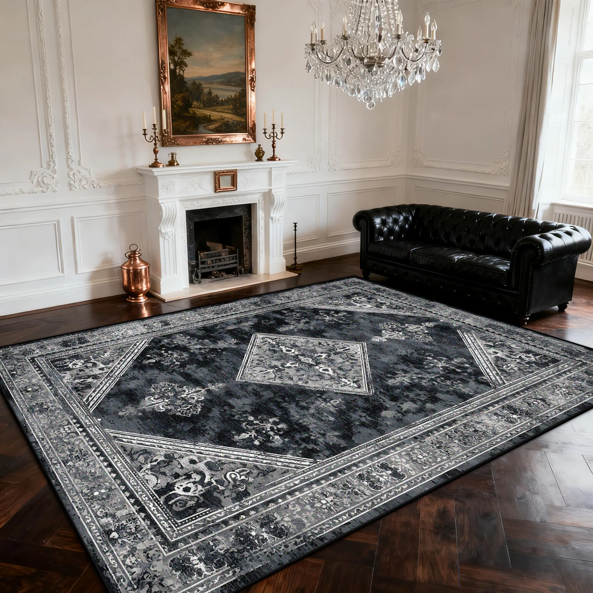 Black Retro Living Room Rug Fireplace Side Large Area Washable Carpets Persian Decoration Bedroom Bedside Rug Cloakroom Soft Mat