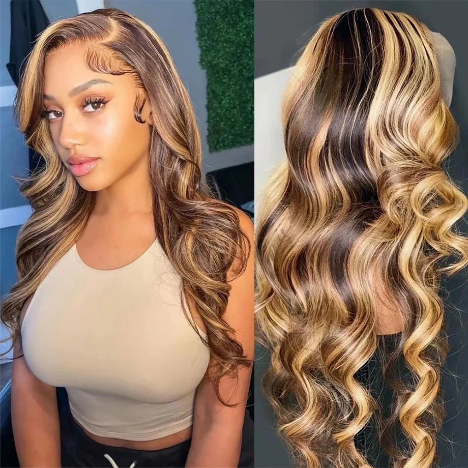 Brazilian 200 Density 40 Inch Curly Highlight 13x5 Lace Front Human Hair Body Wave 13x6 Lace Frontal Wig For Black Women