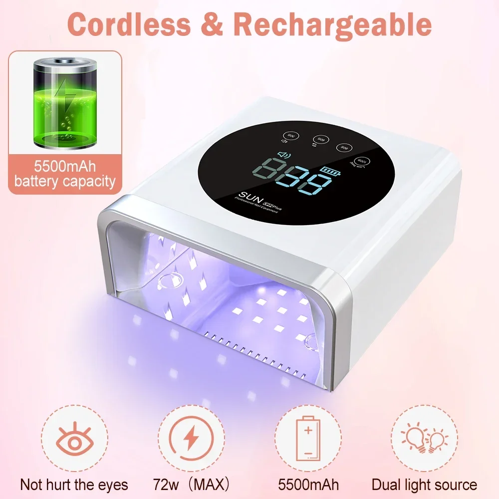 Private Label 72W rechargeable wireless Nail Polish Curing Lamp cordless led uv nail Lamp for Gel Dryer