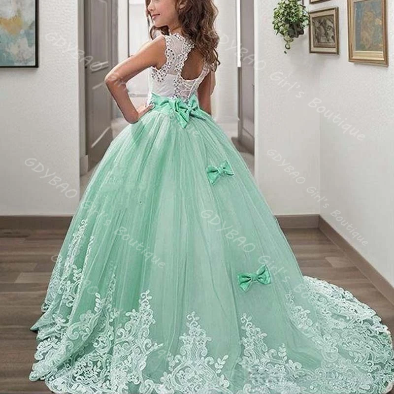 فستان فتاة الزهور الخضراء لوصيفات العروس لحفلات الزفاف مزين بالخرز من التل فستان التواصل الأول مع فيونكة/وشاحات فستان حفلات مخصص