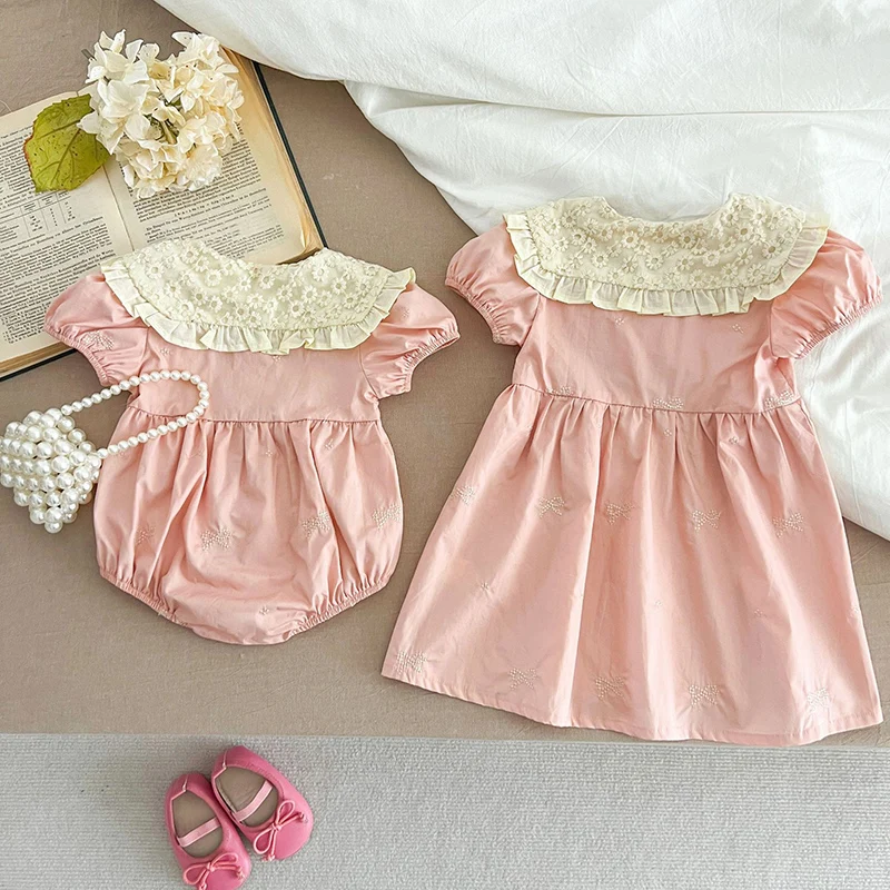 Baby Girls Clothes Summer Sisters Dress Kids Sweet Embroider Bow Lace Sisters Rompers Kids Baby Girls Children Clothes Dress