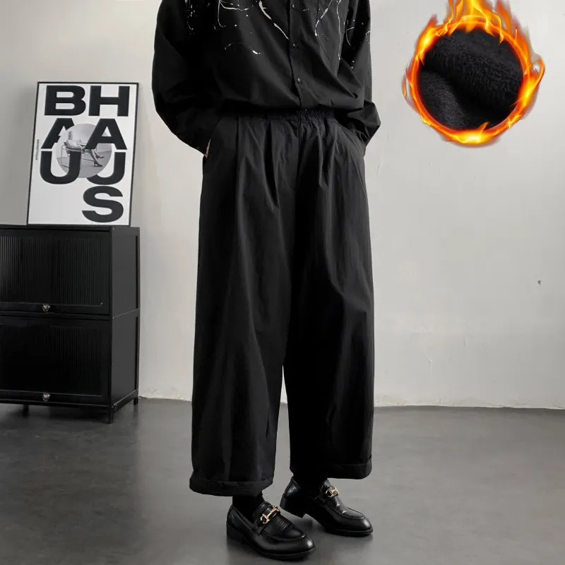 

Thiened Fce Широкие брюки на подкладке Мужские повседневные брюки Свободного кроя Прямые девятисекционные брюки-фонарики-морковки Осенние хлопковые брюки...