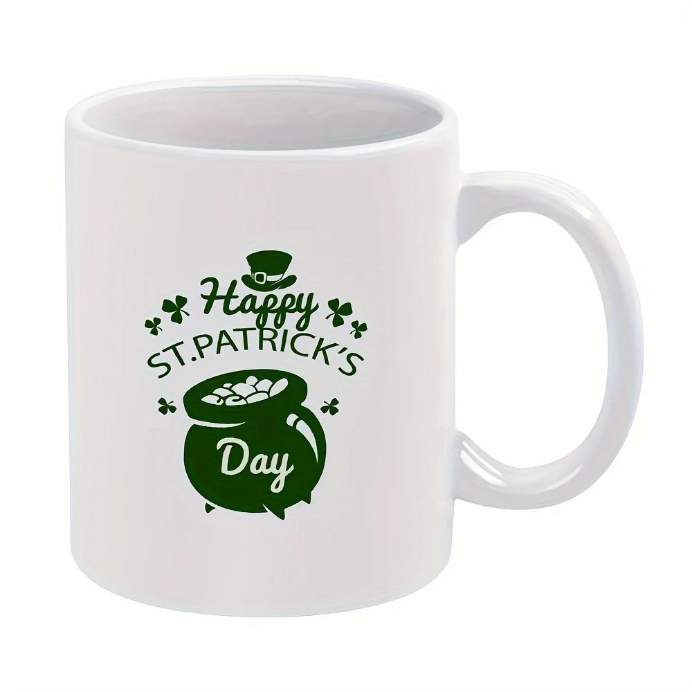 1pc, 11oz Happy St. Patrick's Day Coffee Mug - Green & White Design with Top Hat, Shamrocks & Pot of Golden - Perfect Graduation