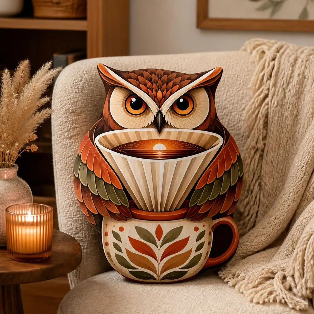 Pour Over Coffee Owl Plush Pillow Barista Cushion Shaped Stuffed Throw Pillow Coffee Corner Decor Home Gift for Coffee Lovers