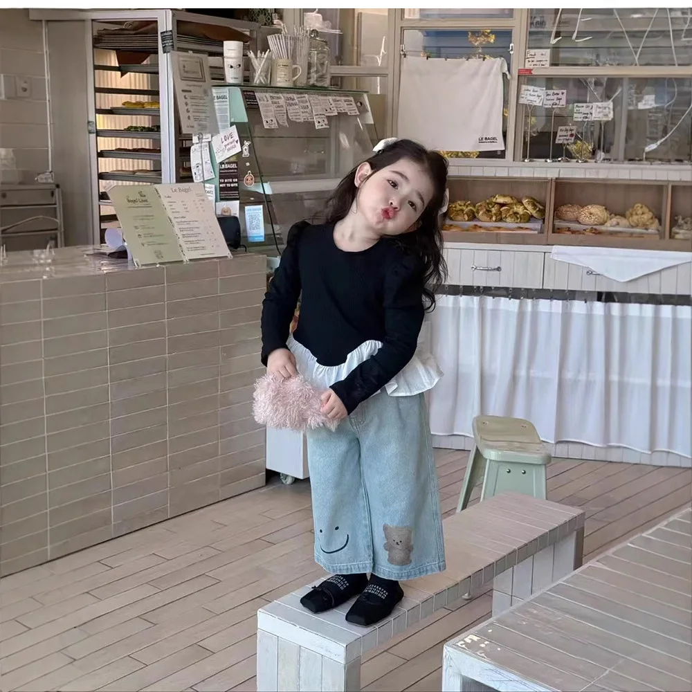 Korean Children Clothing 2025 Spring Clothing New Girls Splicing Long-sleeved T-shirt Top Girl Baby Ruffle Edge Bottoming Shirt