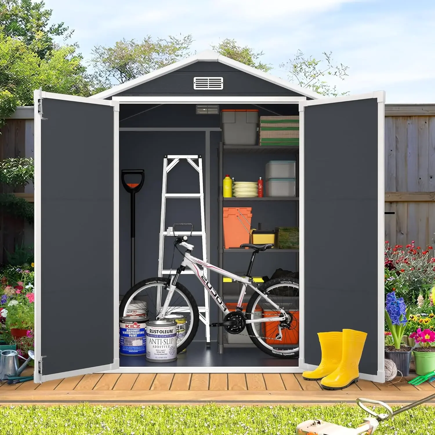 6 x 4 FT Outdoor Storage Shed, Storage Sheds Outdoor with Floor, Side Window, Plastic Shed with Lockable