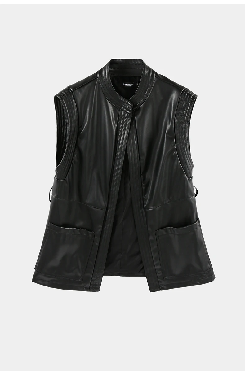 Mauroicardi Spring Short Black Soft Pu Leather Vest Women with Side Slit Sashes Stand Collar Luxury Chic Sleeveless Jacket 2025