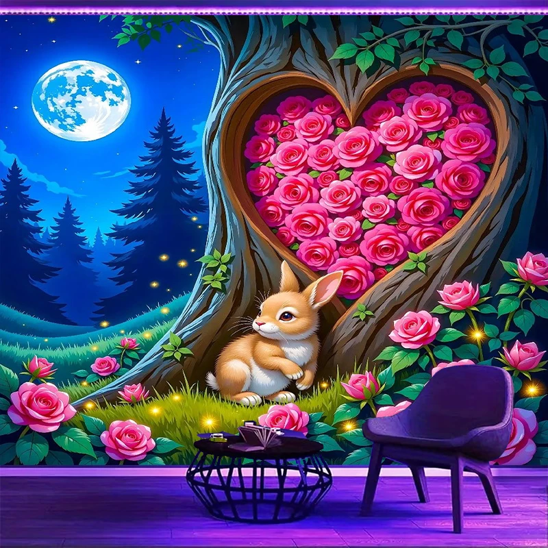 1PC Rabbit Rose Art Print Backdrop Banner, Bedroom Living Room Photo Background, Polyester, Home Decor, Wall Art