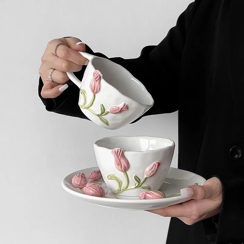 

French Tulip Ceramic Coffee Cups Plate Bowl Unique Three-dimensional Embossed Design Home Desserts Tableware Kitchen Accessories