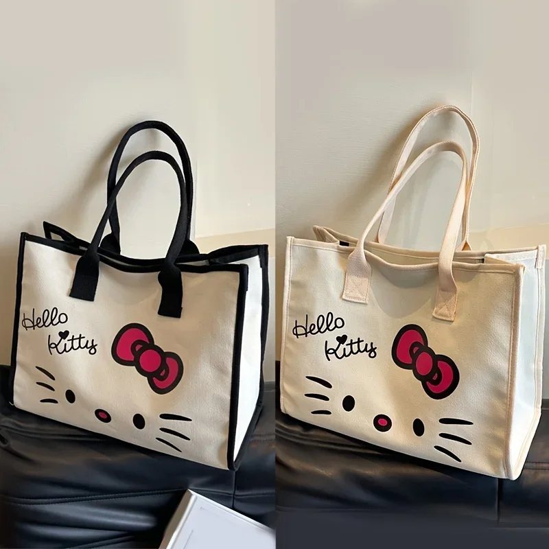 Charming Sanrio Hello Kitty Canvas Tote Bag - Spacious and Durable Anime-Inspired Shoulder Handbag for School, Work, and Daily