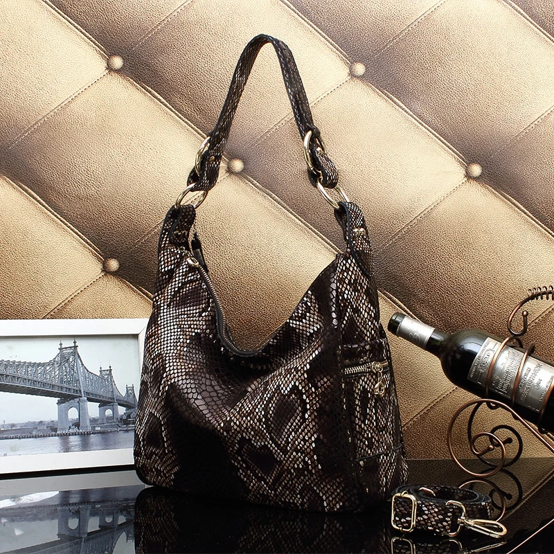 Luxury Women\'s Shoulder Bags Genuine Suede Cow Leather With Shiny Snake Image Coating Handbags New High Quality