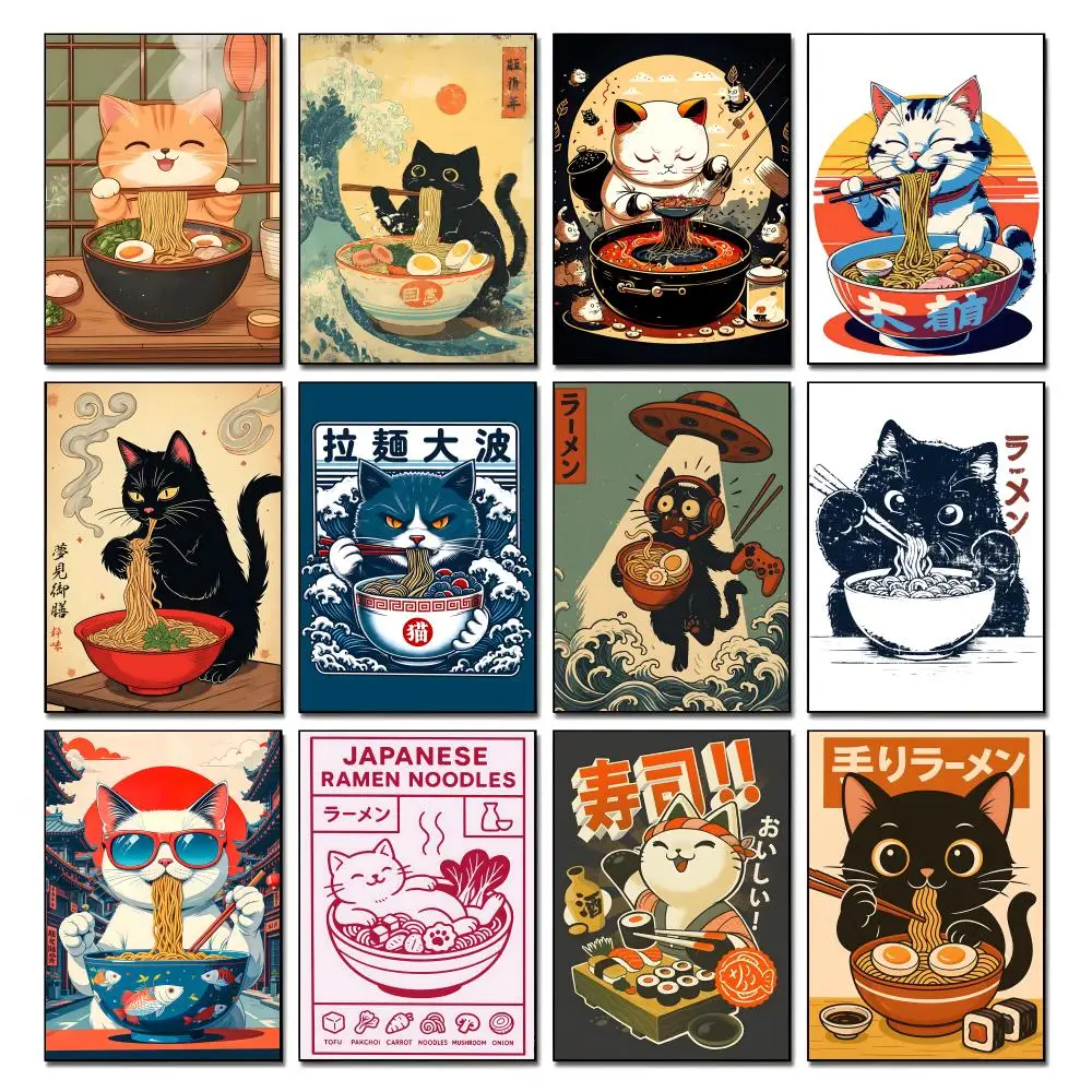 Póster con diseño de JP Wave Ramen Sushi Cat, arte HD, impermeable, pared adhesiva, decoración del hogar (salón, dormitorio, bar), estético