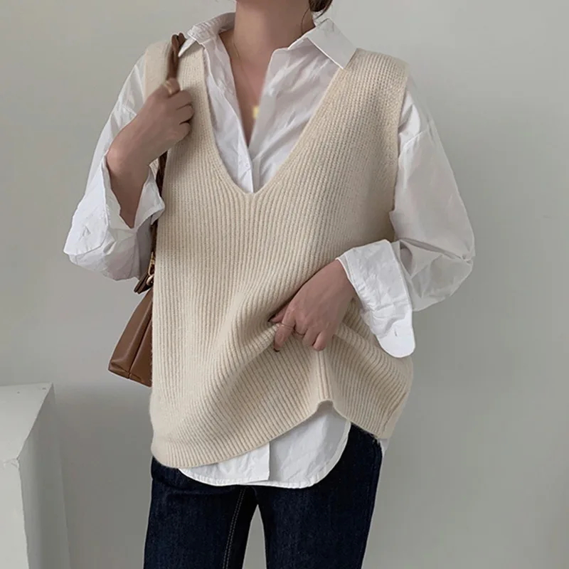 Women\'s Sweater Vest Sleeveless Knitting V-neck Loose Casual Office Ladies Autumn Female Sweater Vest