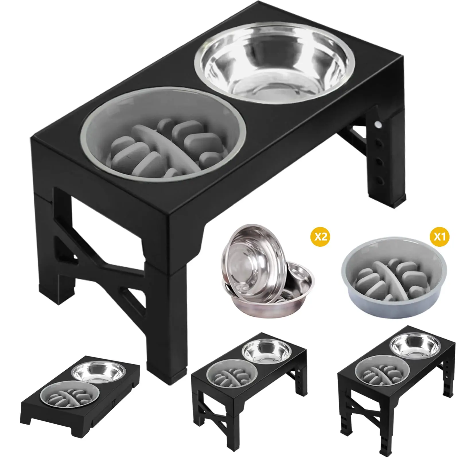 2 in 1 Slow Feeder Bowl Lifting Stainless Steel Elevated Cat and Dog Feeder