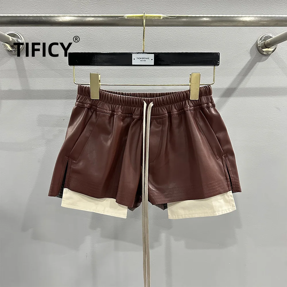 TIFICY High Street Women's Fashion Basic PU Leather Four Corner Pockets Comfortable Shorts New Versatile Black Short Pants