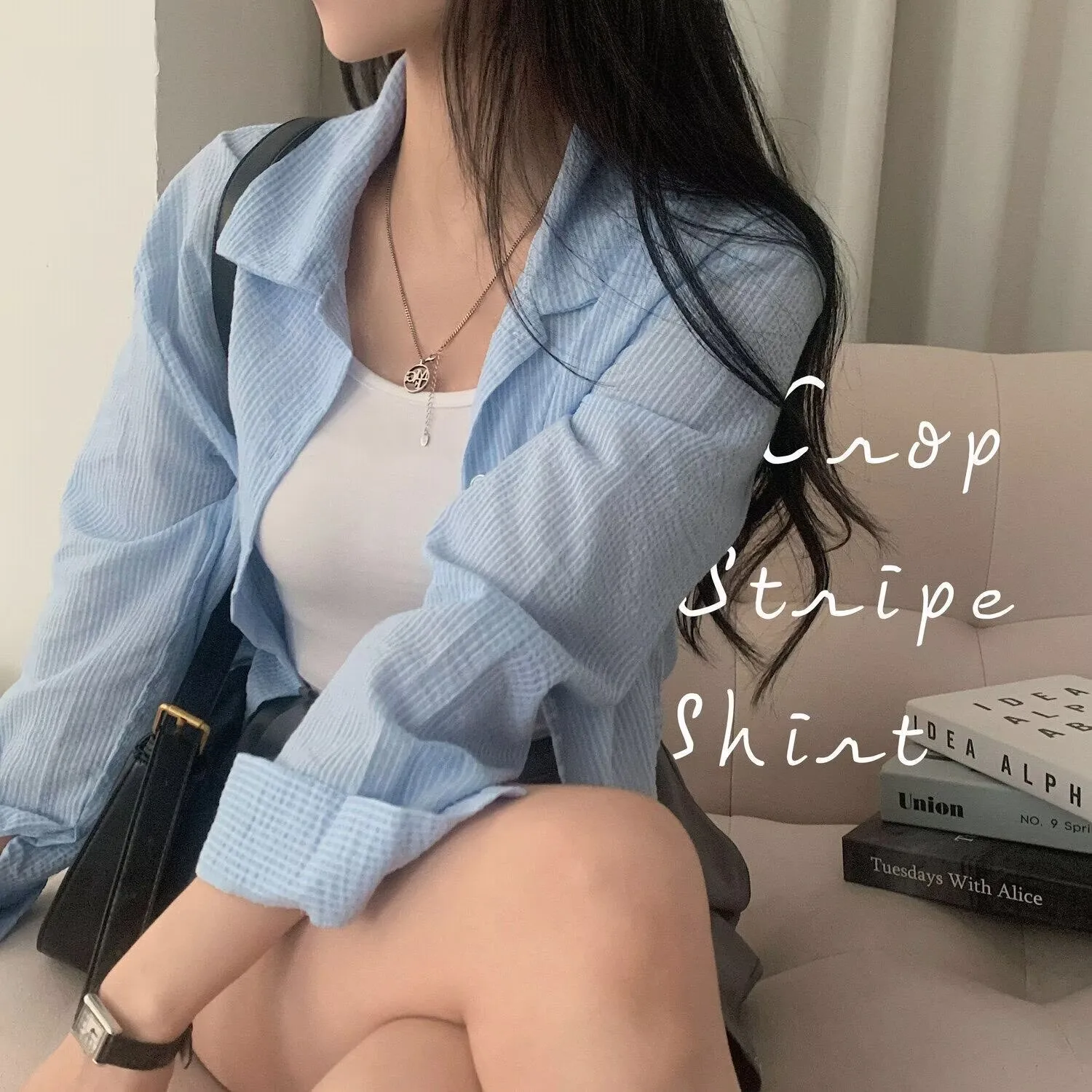 Chic Blue Striped Long Sleeved  Shirt Women's Base Blouse Tops Turn-down Collar Single Button Versatile  Sun Protection Clothing