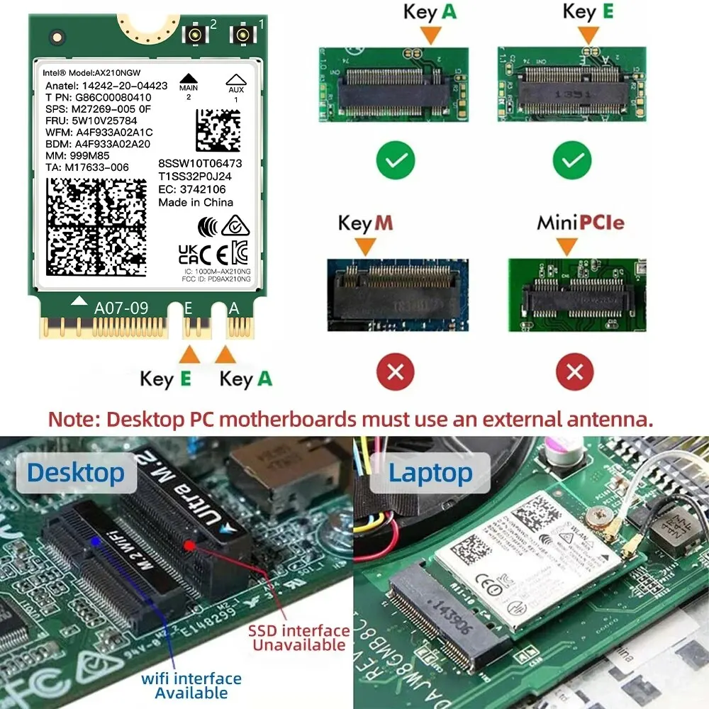 WiFi 6E AX210NGW NGFF Wireeless Adapter Bluetooth 5.3 WiFi6 5374Mbps 2.4G/5G/6GHz 802.11AX For Desktop/Laptop For Win10/11