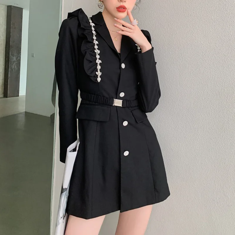 

French Design Sense Suit Dress Bright Flash Decoration Tight Waist Small Suit Dress Early Spring Jacket Single-breasted Belt