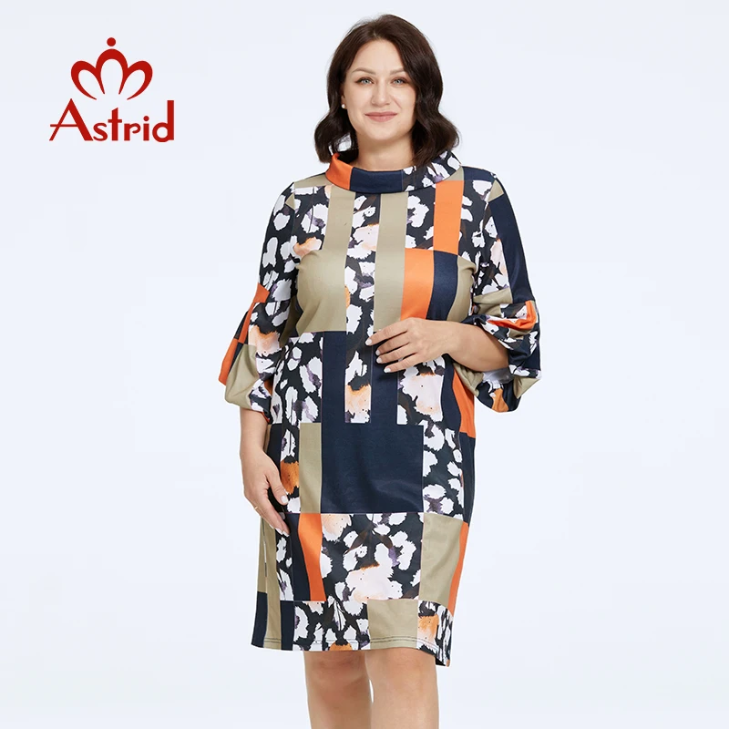 Astrid Women\'s Dresses 2023 Oversized Contrast Color Print Loose Ladies Midi Party Dresses Flared Sleeve Office Female Clothing