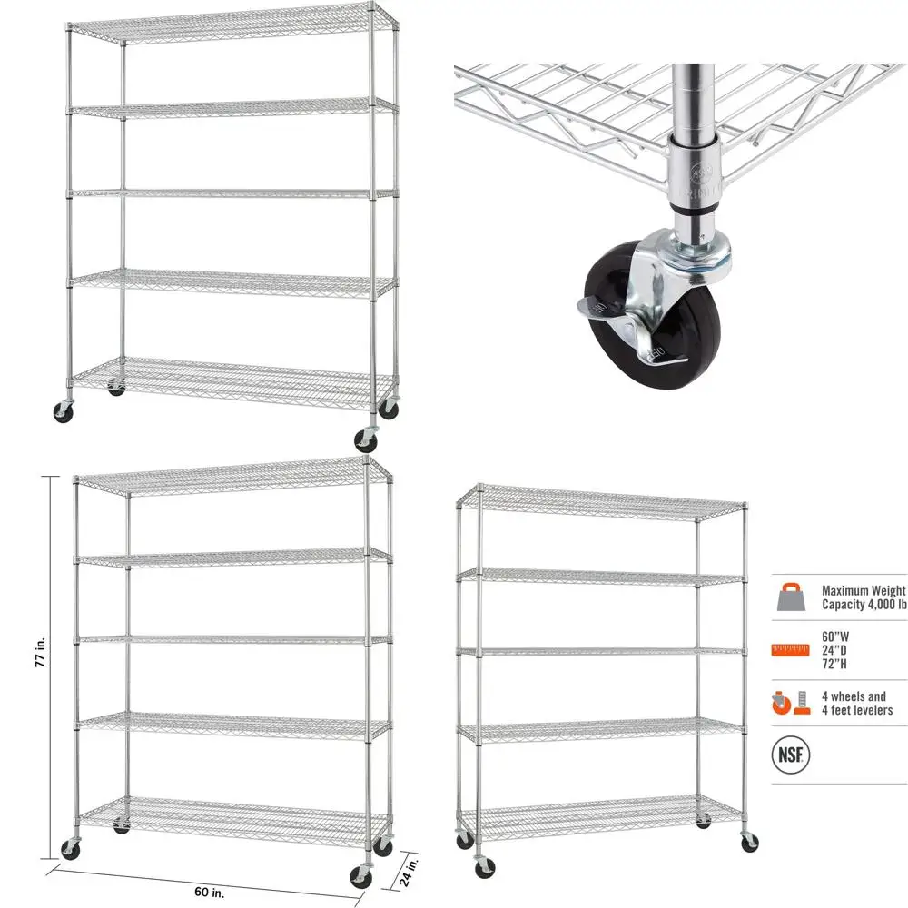 

5-Tier Adjustable Heavy-Duty Wire Shelving with Wheels, 800-4000 lbs Capacity, 60x24x72 Chrome