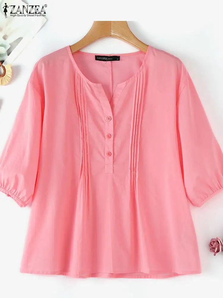 

Summer Elegant O Neck 3/4 Puff Sleeve Shirt Women Blouse 2024 ZANZEA Fashion Work Party Tops Loose Chemise Solid Pleated Blusas