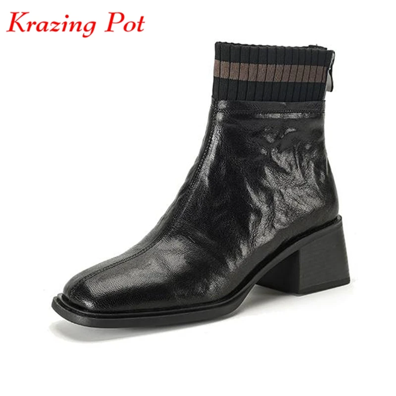 

Krazing Pot Sheep Leather Knitwear Square Toe Winter Warm Chelsea Boots Thick Med Heels Gladiator Slip On Elastic Ankle Boots