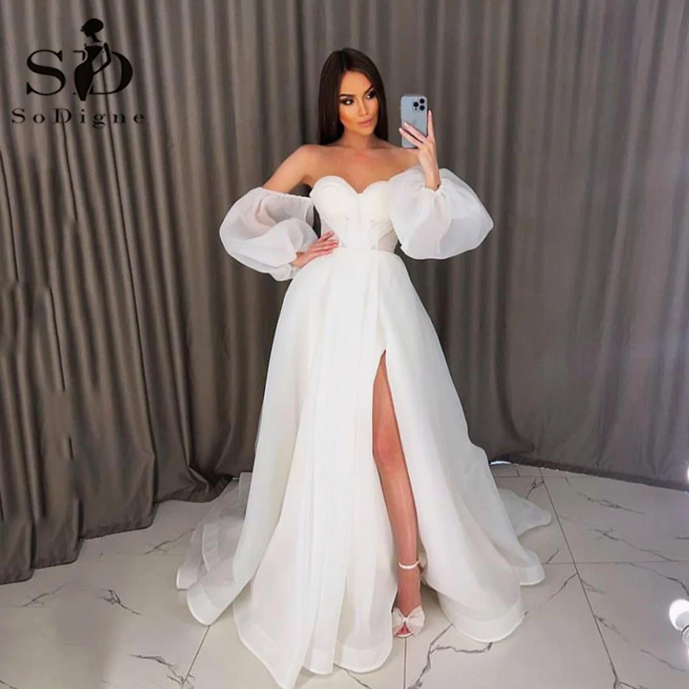 

SoDigne Dubai Off Shoulder Side Split Wedding Dresses Ruched Puff Sleeves Backless Women Bridal Gowns A Line Bride Dress 2023