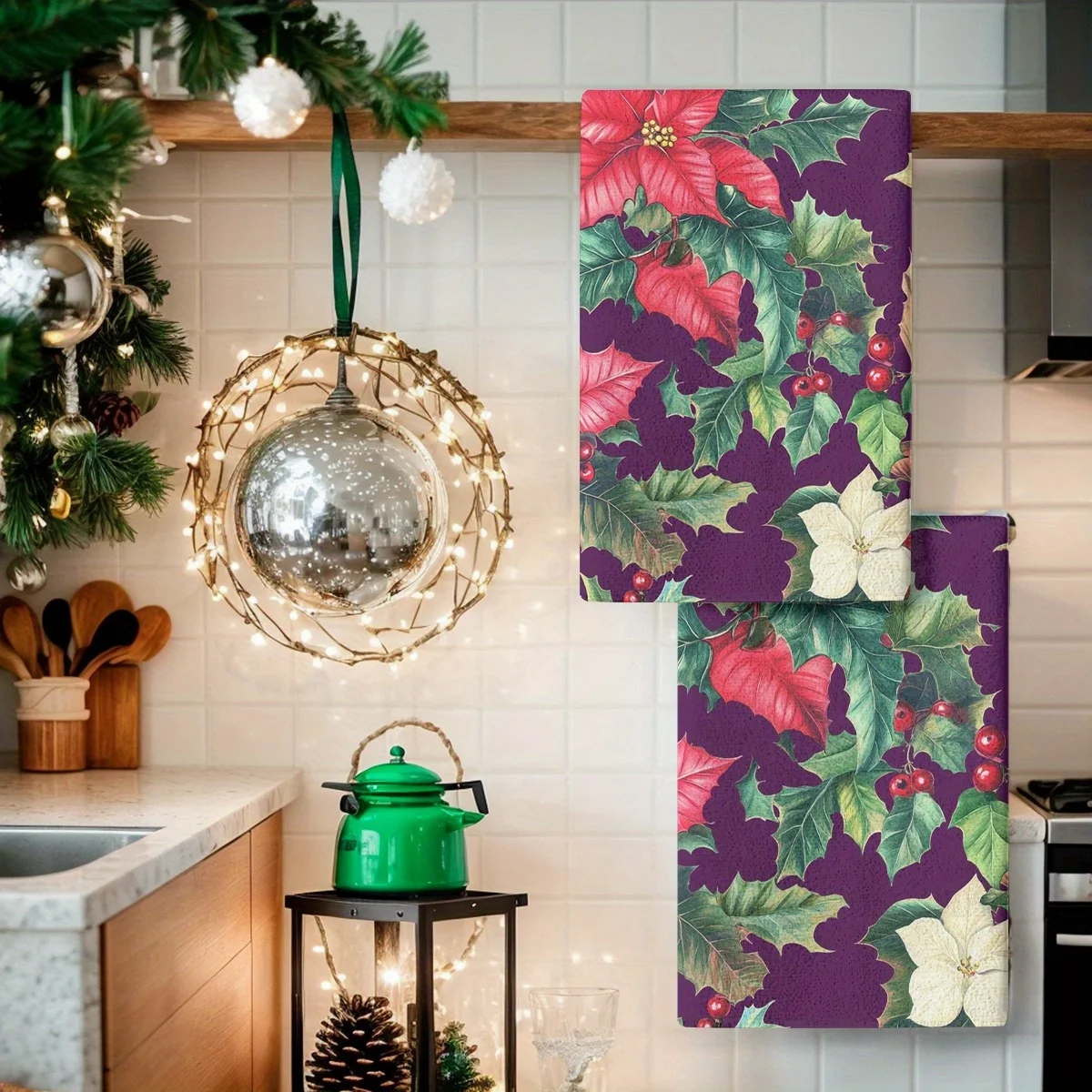 2PCS Soft Absorbent Kitchen Towels Dish Towel Christmas Poinsettia Holly Leaf Berry Dish Cloths Holiday Dry Cloth For Decoration