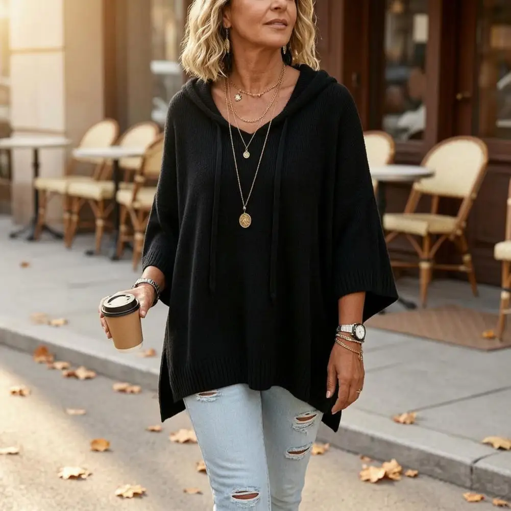 Solid Color Sweater Autumn Women Knit Pullover Sweater Loose Fit Drawstring Hoodie 3/4 Sleeve Drop Shoulder Top Solid Color