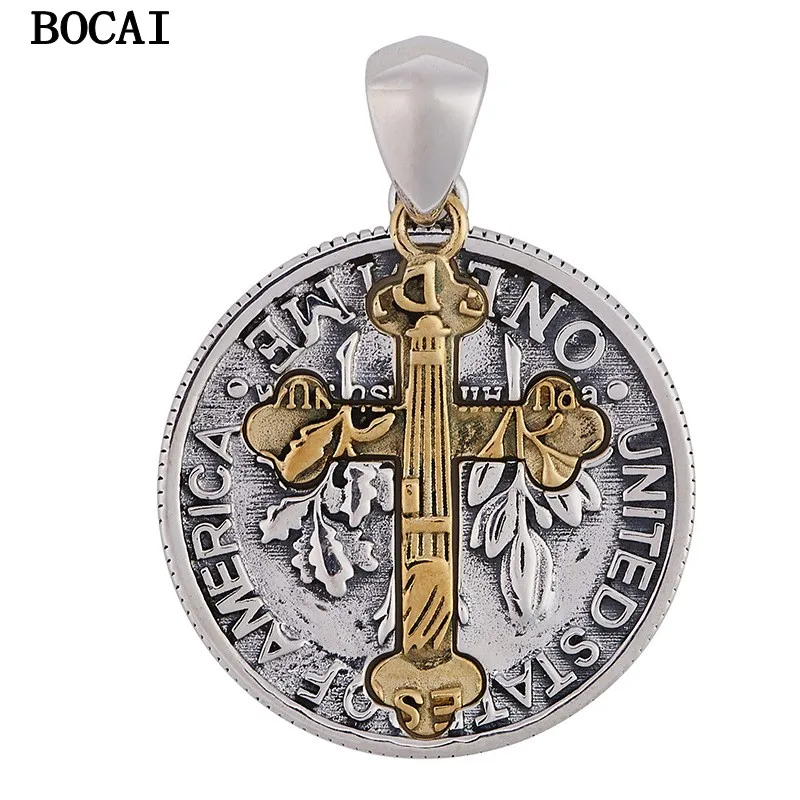 S925 Silver Pendant Retro Personalized Wings Round Plaque Gold Cross Pendant Men's and Women's Gifts