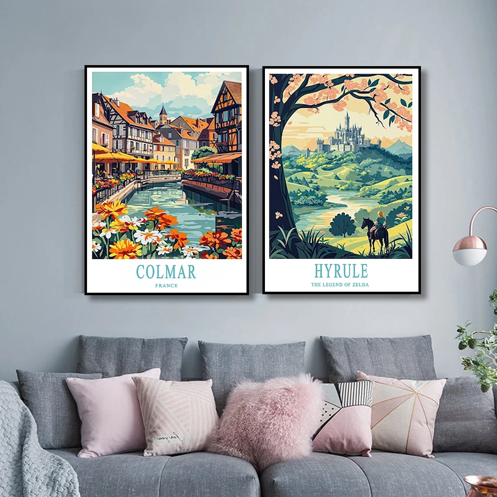 

Classic Hyrule Plateau Travel Poster The Legend of Zelda Mural Canvas Painting Hyrule Print City Personalized Gift Home Decor