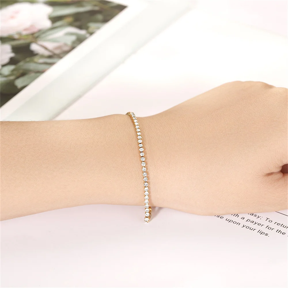 2mm Dainty Iced Out Tennis Chain Bracelets Female Gold Color Stainless Steel Cubic Zirconia Hand Chain for Women Jewelry Gift