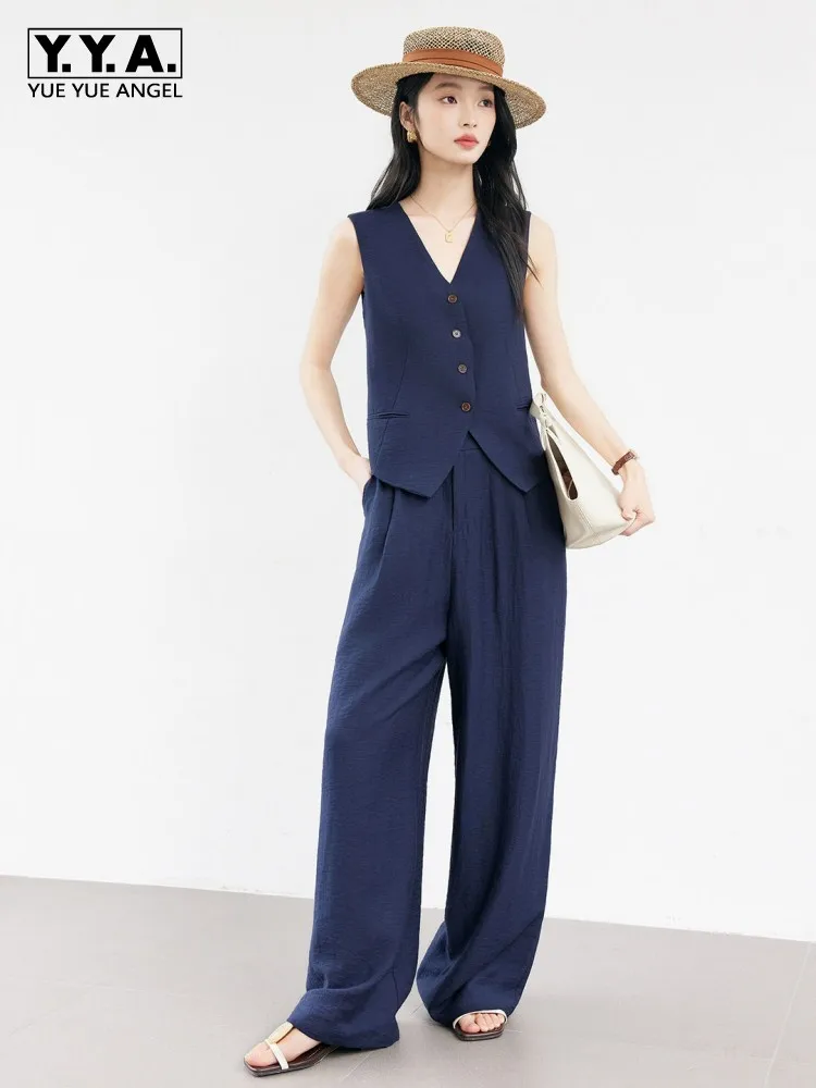 Office Ladies Summer Single Breasted Vest High Waist Wide Leg Pants Two Piece Set Solid Color Women Elegant Casual Matching Sets