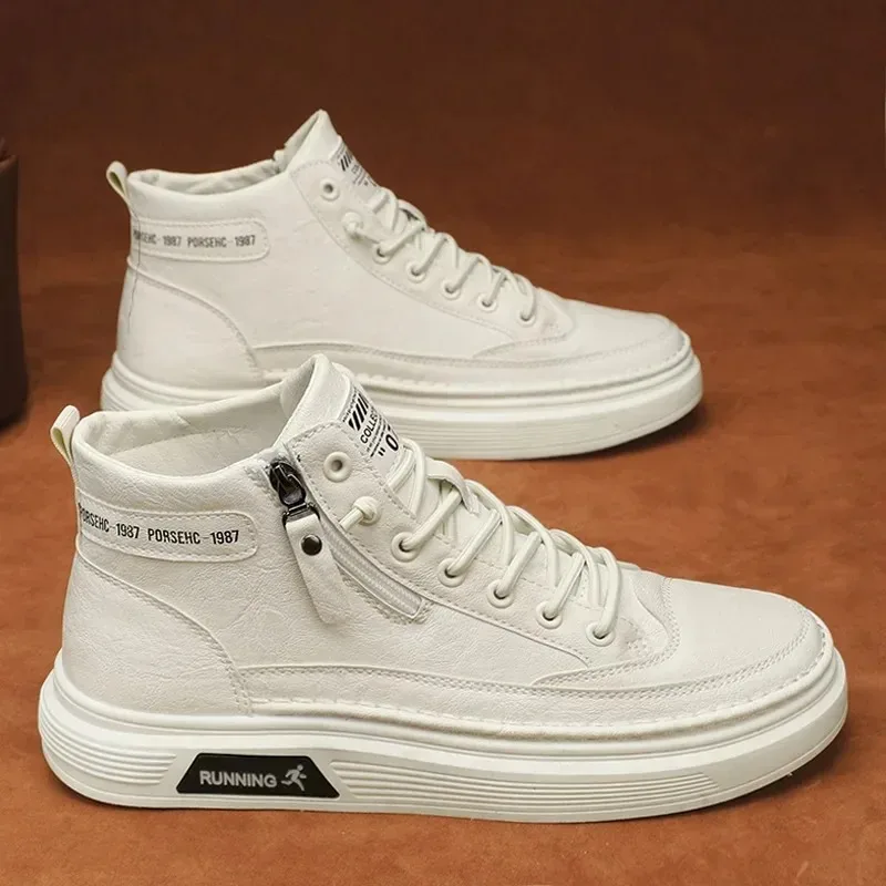 

Leather Boots for Men Zipper Man Sneakers Fashion Ankle Boots High Top Man Boots Solid Sports Shoes 2024 Trend Motorcycle Boot