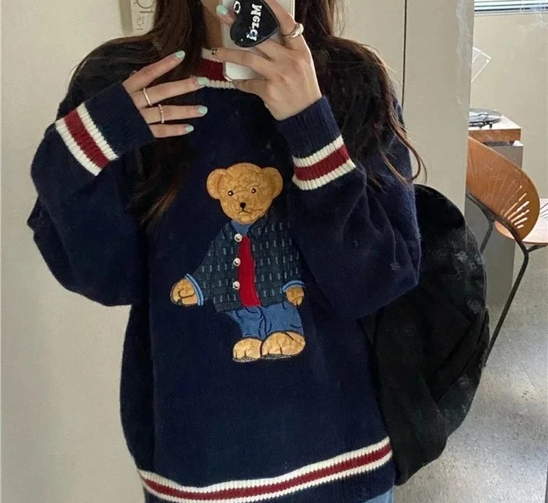 

Винтажный вязаный свитер с вышивкой в виде мультяшного медведя для женщин, осенне-зимний, в стиле Харадзюку, свободный пуловер, теплый и милый