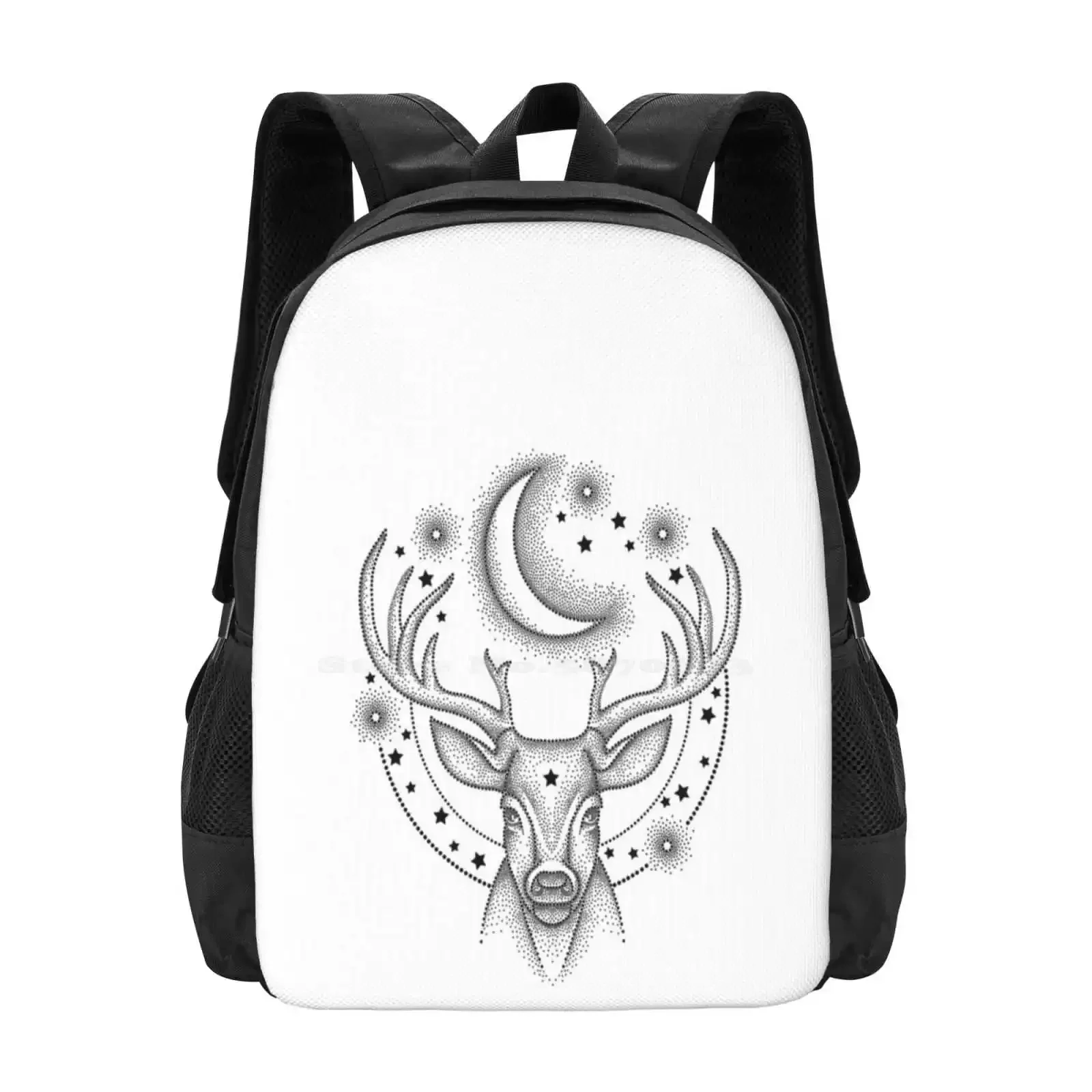 

Dotwork Deer. Teen College Student Backpack Pattern Design Bags Dots Dotwork Deer Head Moon Stars Antler Animal Black