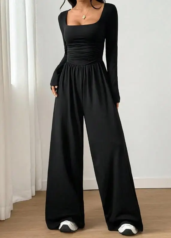 جمبسوت حريمي لخريف وشتاء 2025 جمبسوت أسود بأكمام طويلة جمبسوت بسيط غير رسمي برقبة مربعة أنيق بأرجل واسعة #4