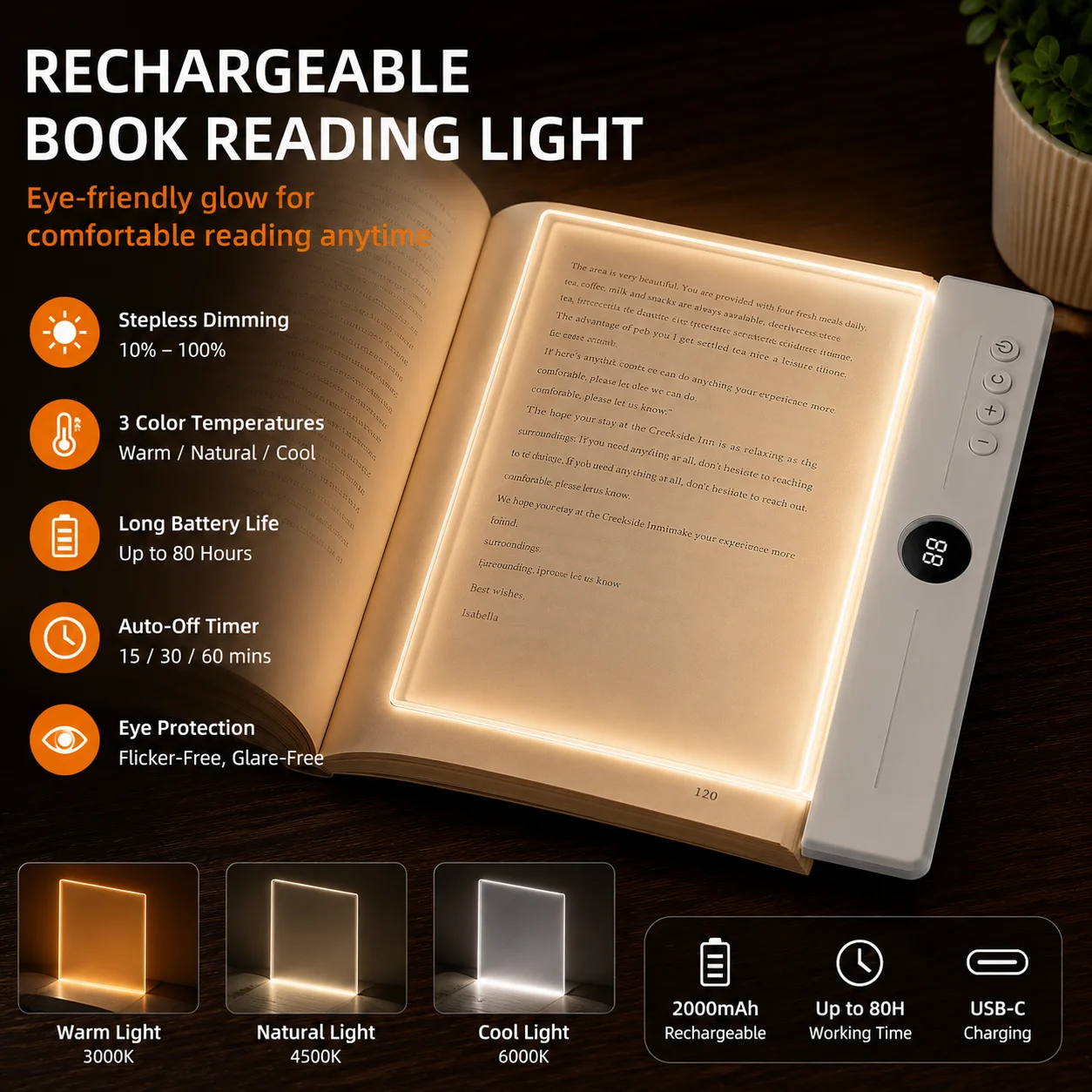 LED Flat Panel Reading Light: Dorm Study Essential, Eye-Caring Book Lamp with Stepless Dimming & Bedside Ambient Lightin