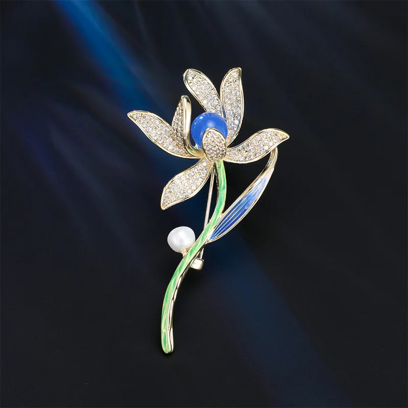 Chinese Style Hanfu Matching Magnolia Flower Brooch Gold Plated Copper Inlaid Sparkling Zircon Freshwater Pearl Elegant Brooches