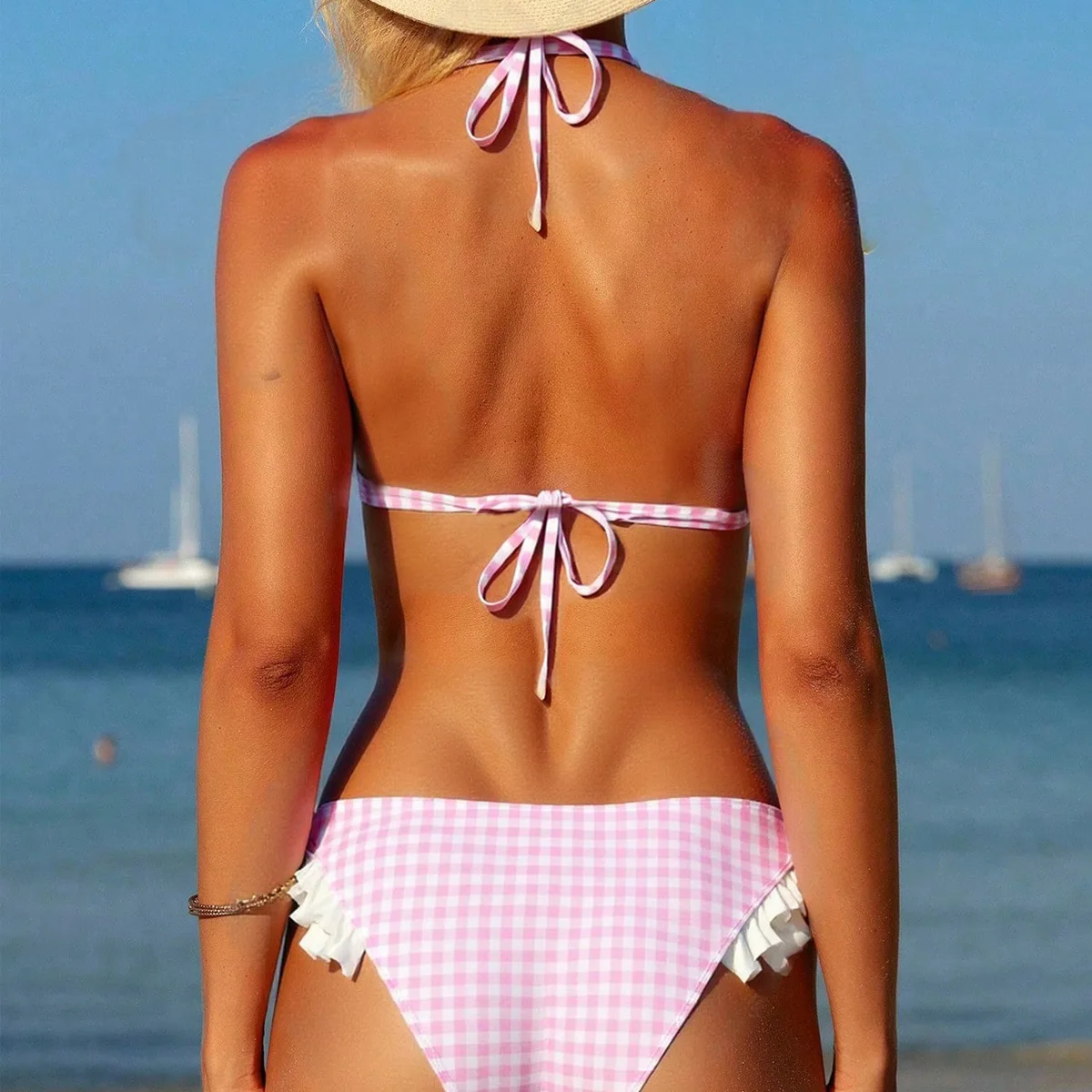 New Summer Lace Plaid Halter Bikini Ruffle Vacation Two-Piece Swimsuit Women's Swimwear