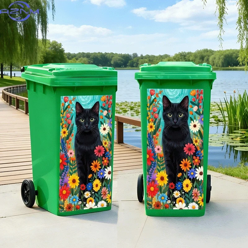 [2D Flat Printing]1pc Trash Can Sticker[Title Translated, Do Not Change] Black Cat in Flower Bush Staring Theme Design Wall St