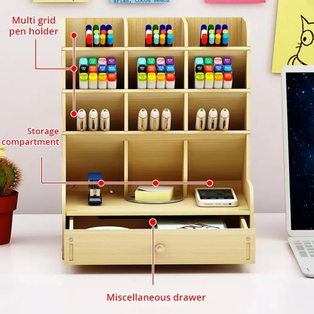 1pc Wooden Desk Organizer Student Stationery Storage Box For Cosmetics School Office And Home Large-Capacity Storage Pen Holder