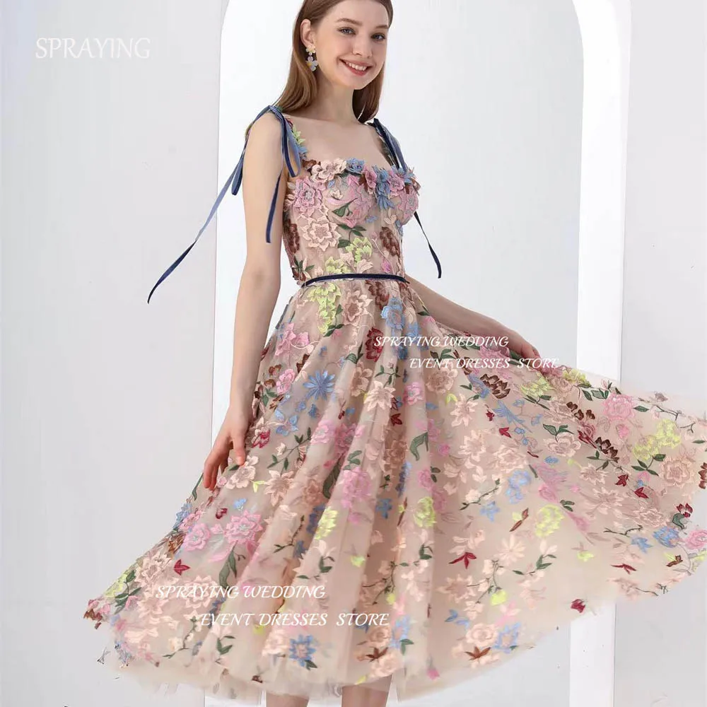 

SPRAYING Simple Sweetheart Lace Flower Prom Dress Tulle Tea-Length Long Party Dress Above knee Fairy Dress Formal Party Dress