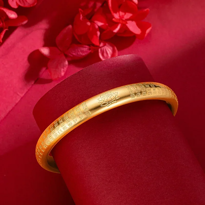 

9999 Real Gold 24K Boutique Ancient Method 8mm Lotus Outer Heart Sutra Bracelet, Solid Heart Sutra Lotus Plain Ring Female