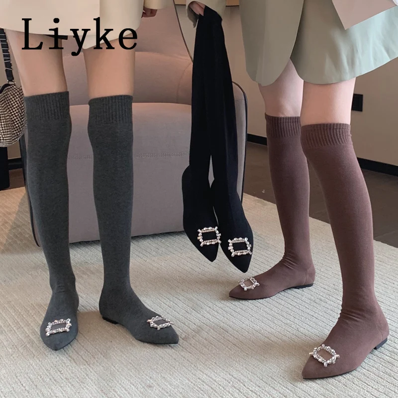 Liyke 2024 Autumn Women Cozy Knitting Stretch Fabric Socks Boots Crystal Buckle Casual Flat With Thigh High Over The Knee Shoes